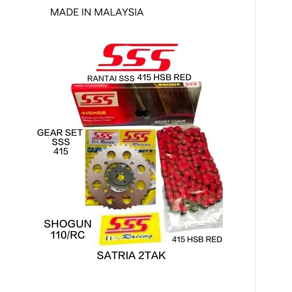 Gear Set SSS 415 Shogun 110 Rc Satria 2T Rantai SSS 415 HSB  Merah - Pilihan Ukuran Gir, Ringan, Pnp