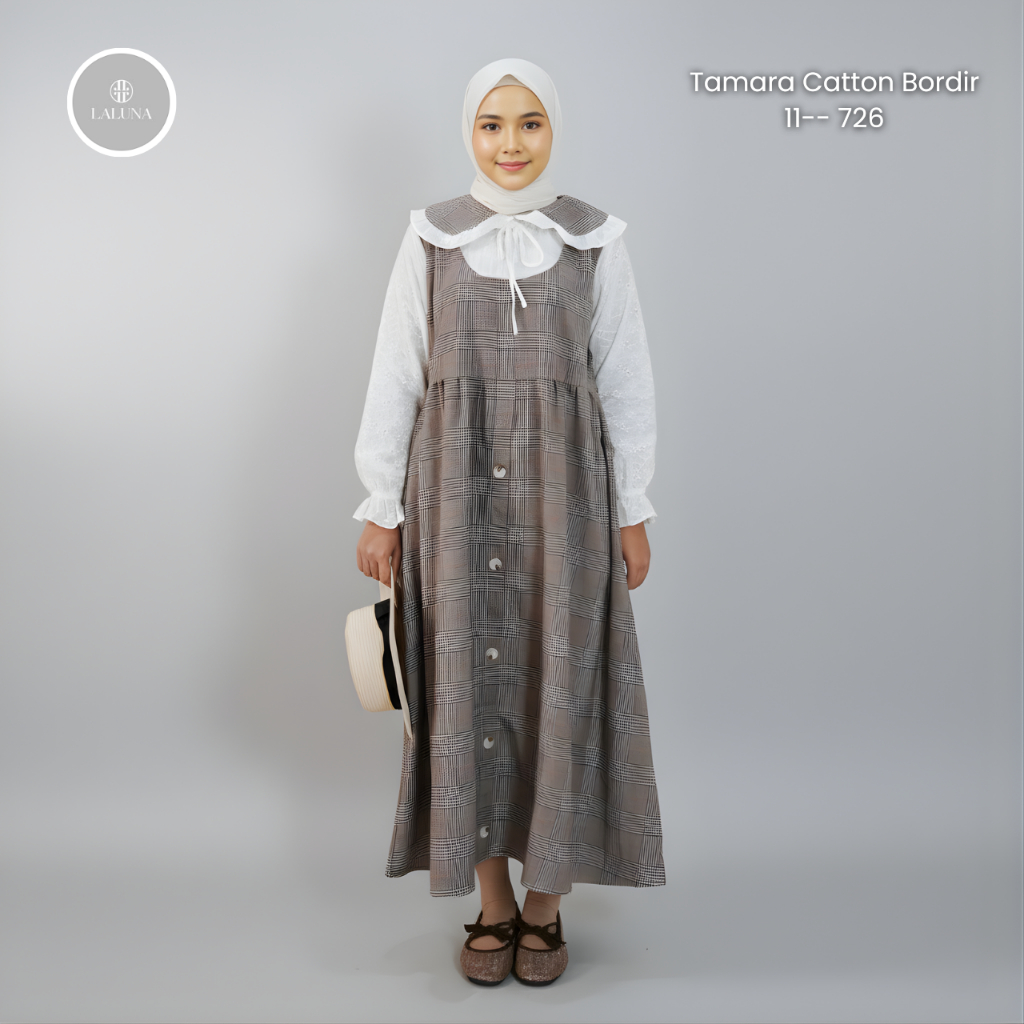 Tamara Midi Cotton Bordir Kerah Pita Lengan Balon - Dress Muslimah Motif Kotak Casual Terbaru 2026 A