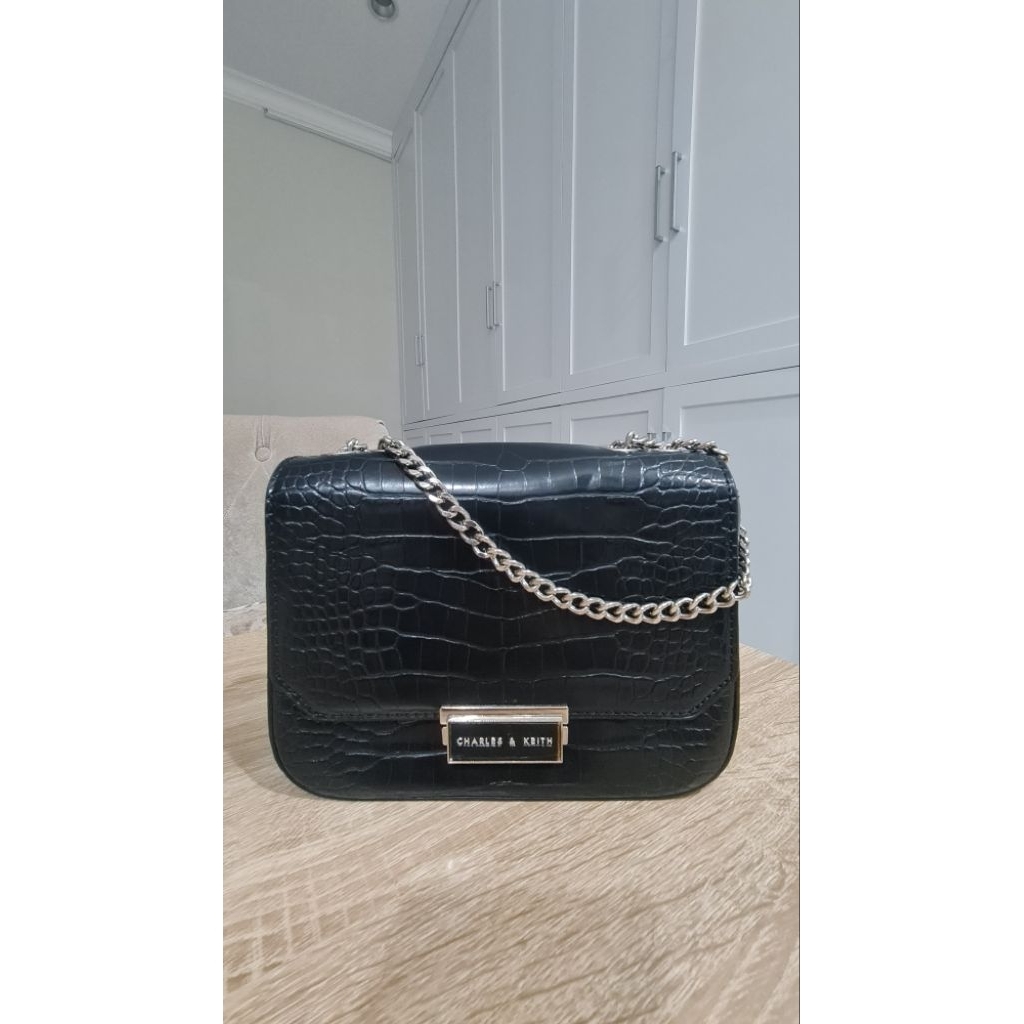 Charles and Keith Croco sling bag, silver hardware..