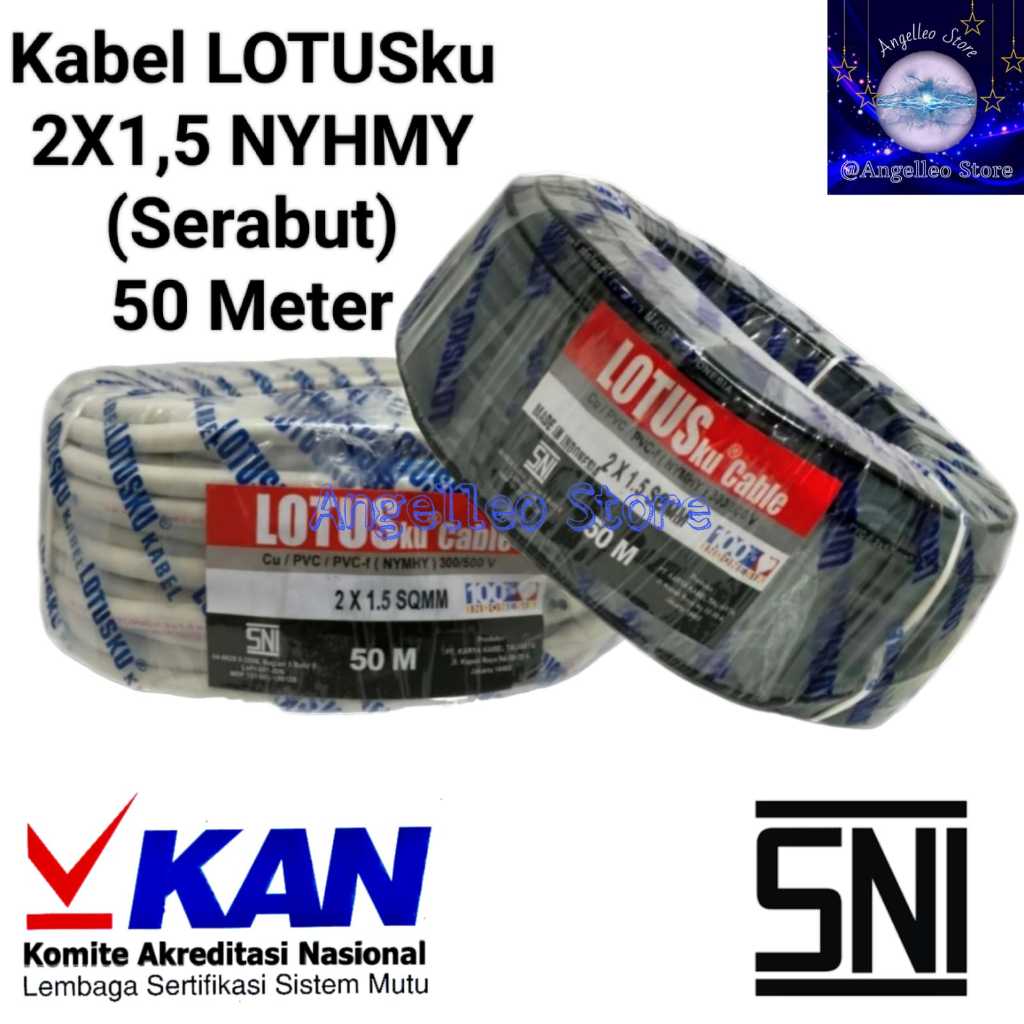 Kabel Lotusku Serabut Tembaga~Kabel listrik Serabut Tembaga~2x1,5 mm~NYHMY~Meteran~SNI