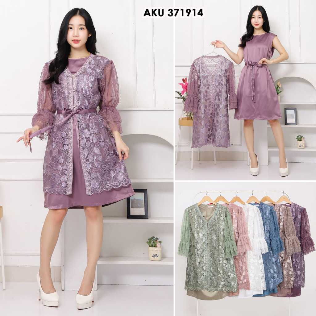 Dress Kondangan Mewah Brokat Tile 2in1 Set Outer Inner Satin | Gamis Pendek Pesta Modern Y2CN 371914