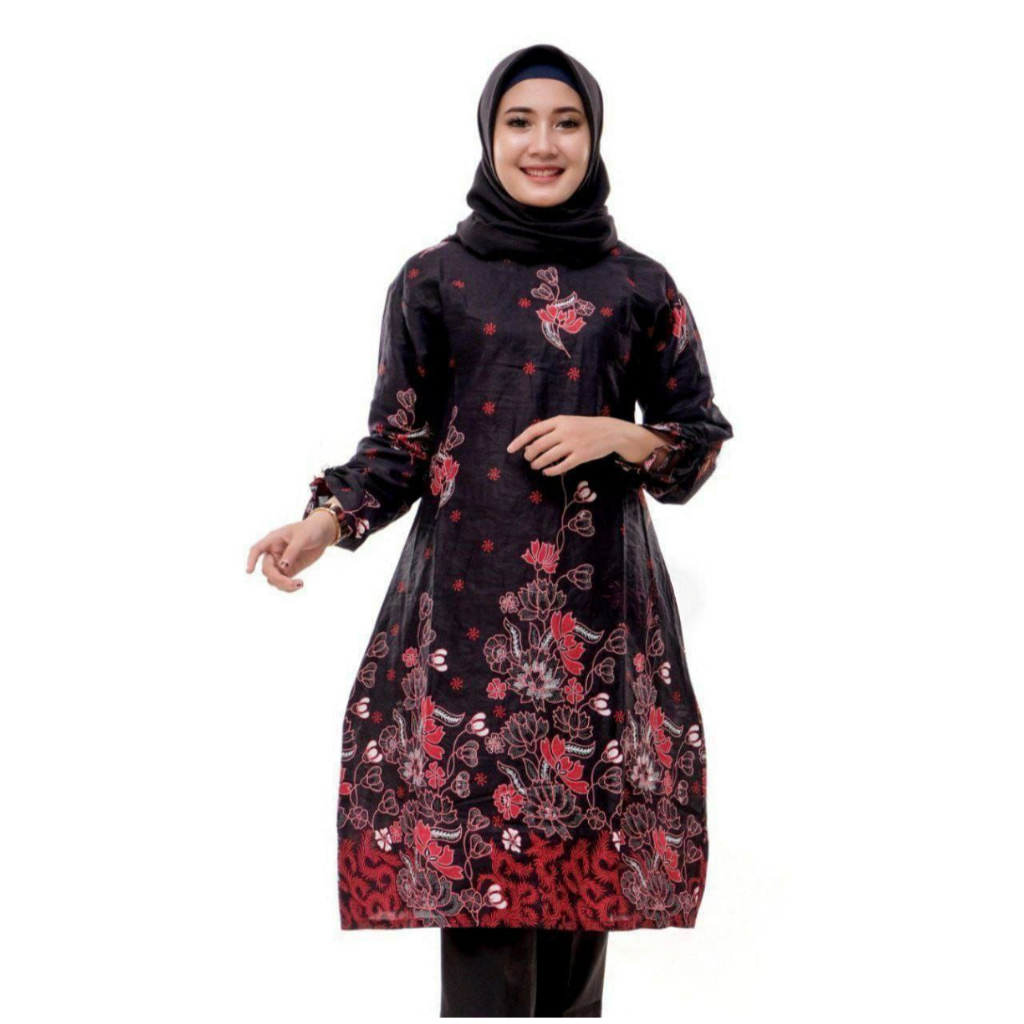 Atasan Batik Wanita Muslim Muslimah Tunik Baju Muslim Terbaru Modern Navy Biru Kekinian