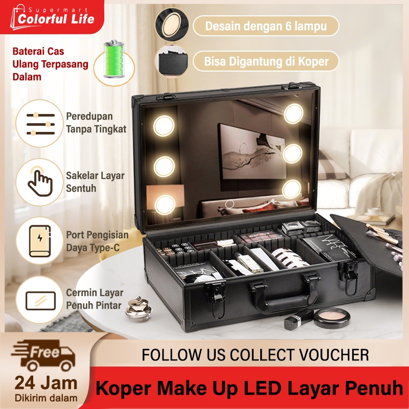 Koper Make Up dengan Lampu dan Cermin LED Tangan Portable Kapasitas Besar Bertingkat Tas Penyimpanan