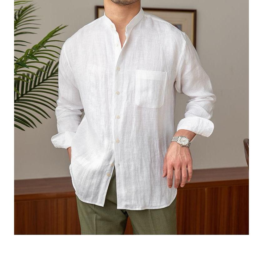 Atasan Kemeja Linen Pria Lengan Panjang Kerah Changi Basic Putih Keren Baju Cowok Korea Style