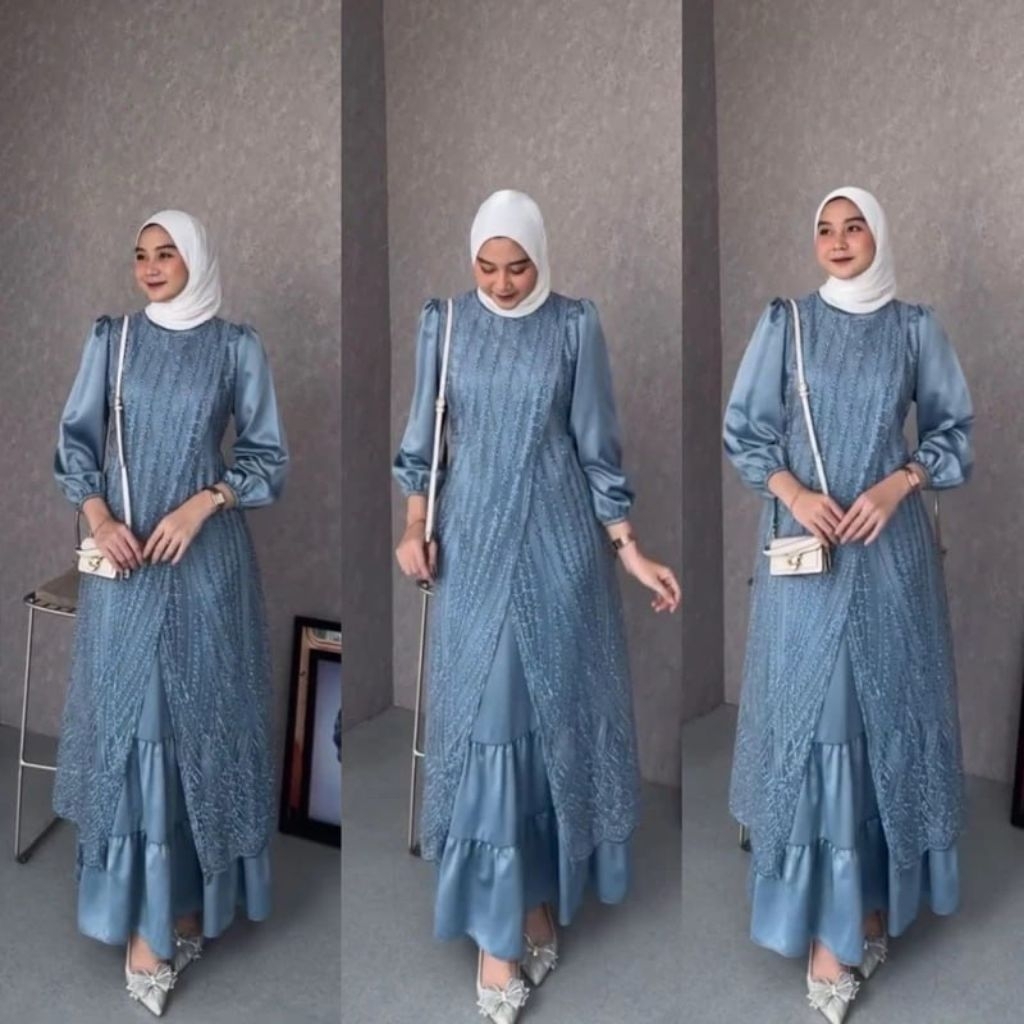 NEW GAMIS WANITA DRESS FUJI NAHAN SATIN PREMIUM DENGAN BRUKAT PREMIUM MURAH BAHAN JATUH TIDAK MENERA