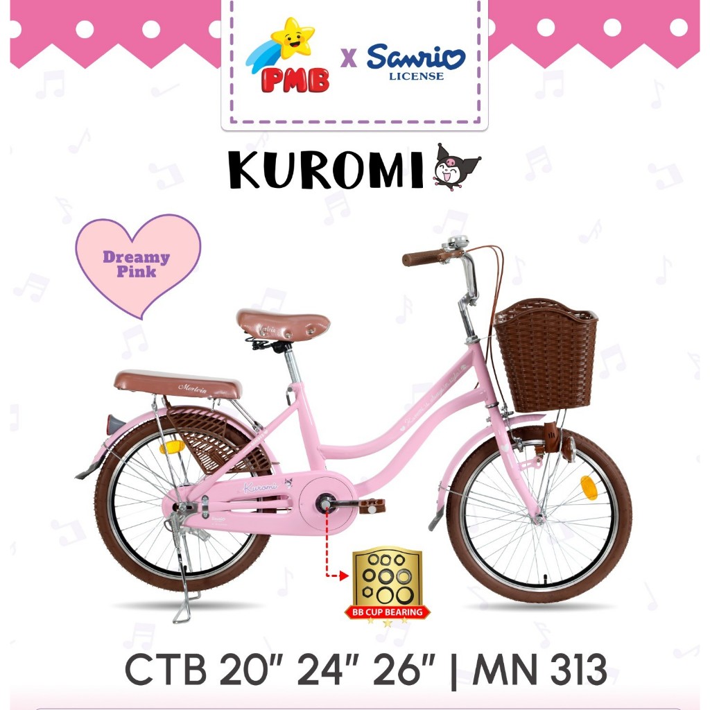 sepeda anak perempuan mini 20 inch pmb sanrio kuromi mn361 keranjang depan dan boncengan belakang