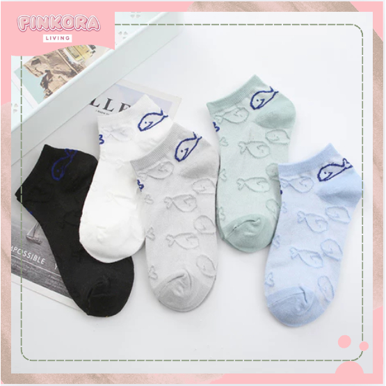 KS85 Kaos Kaki Pendek Pria Wanita Ankle Socks Kaos Kaki Semata Kaki Motif Ikan Paus