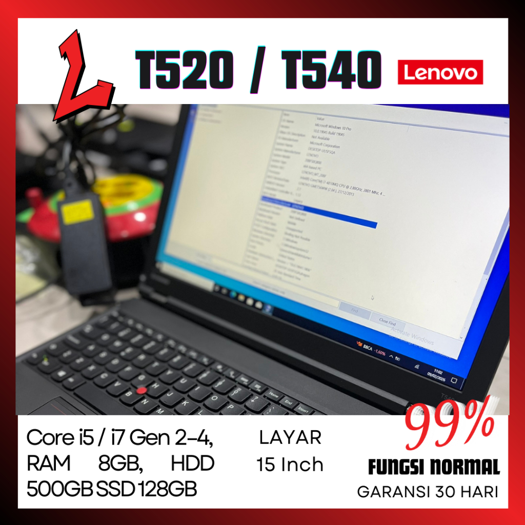 Lenovo ThinkPad T520 T530 T540P T580 i5 i7 Gen 2 3 4 RAM 8GB SSD 128GB HDD 500GB Laptop Seken Second
