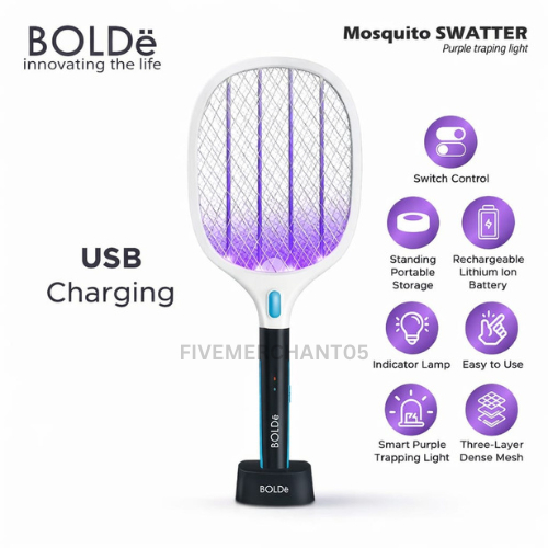 Raket Nyamuk Bolde Swatter 2 in 1 Raket Nyamuk Otomatis Bolde Recharge Raket Bolde Raket Listrik