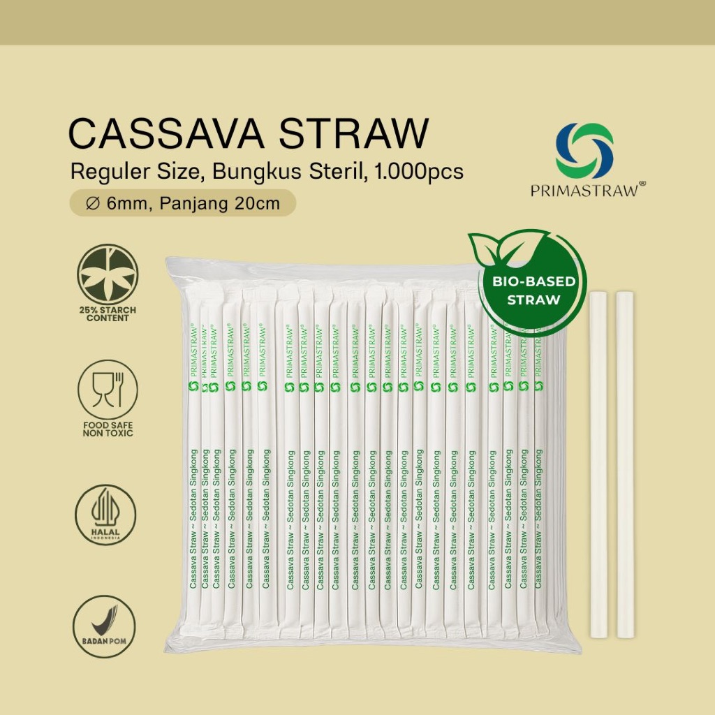PRIMASTRAW® Sedotan Singkong REGULER STERIL Cassava Straw 6 x 20 mm atau JUMBO 8x 200 mm (1,000pcs)