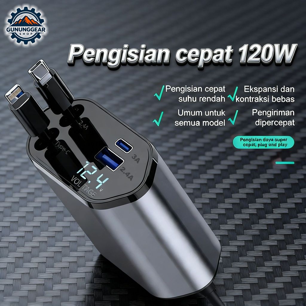 4 In 1Baru Pengisi Daya Mobil 120W Pengisian Daya Super Cepat USB Dan Adaptor Type C Dan Lightning P