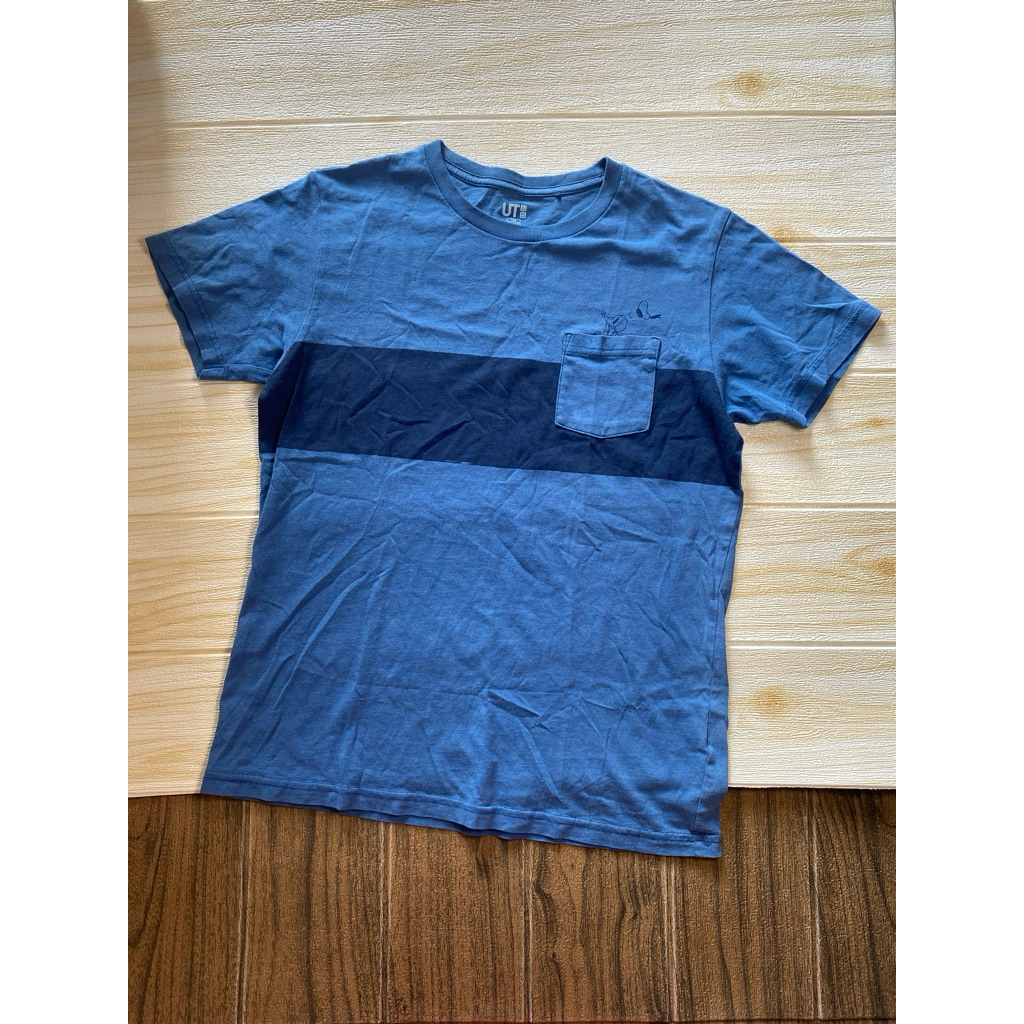 baju kaos katun anak remaja tanggung cowok laki biru garis navy branded UNIQLO x Disney size 150 9T 