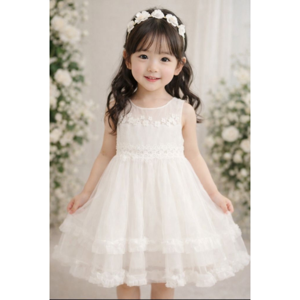White Dress Anak Gaun Putih Baju Pesta Korea Baptis, Gaun Pengantin Pengapit