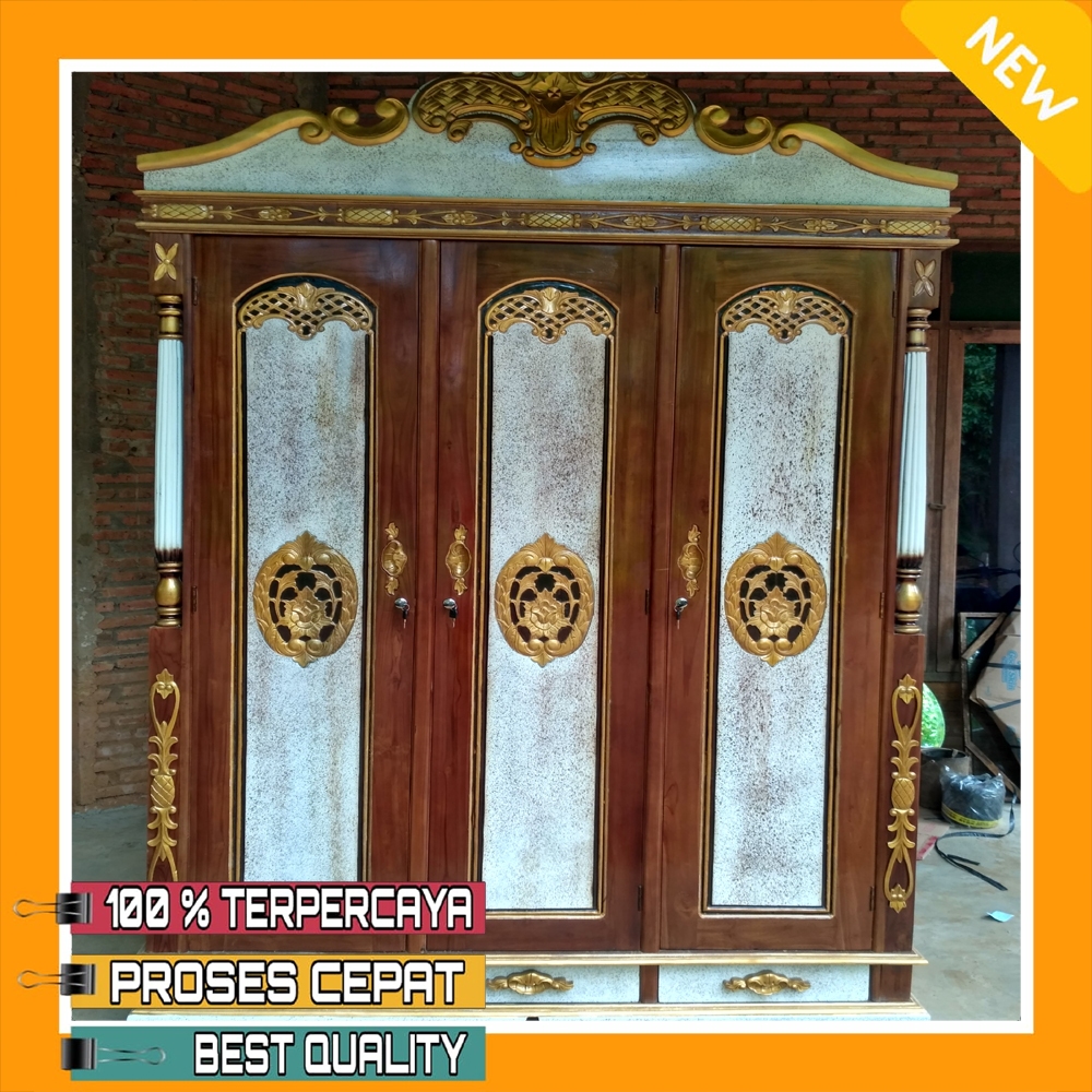 Lemari Pakaian Cinta Pintu 3 Kayu Jati Mahoni Finishing Natural Melamine Gold | Almari Pakaian Kayu 