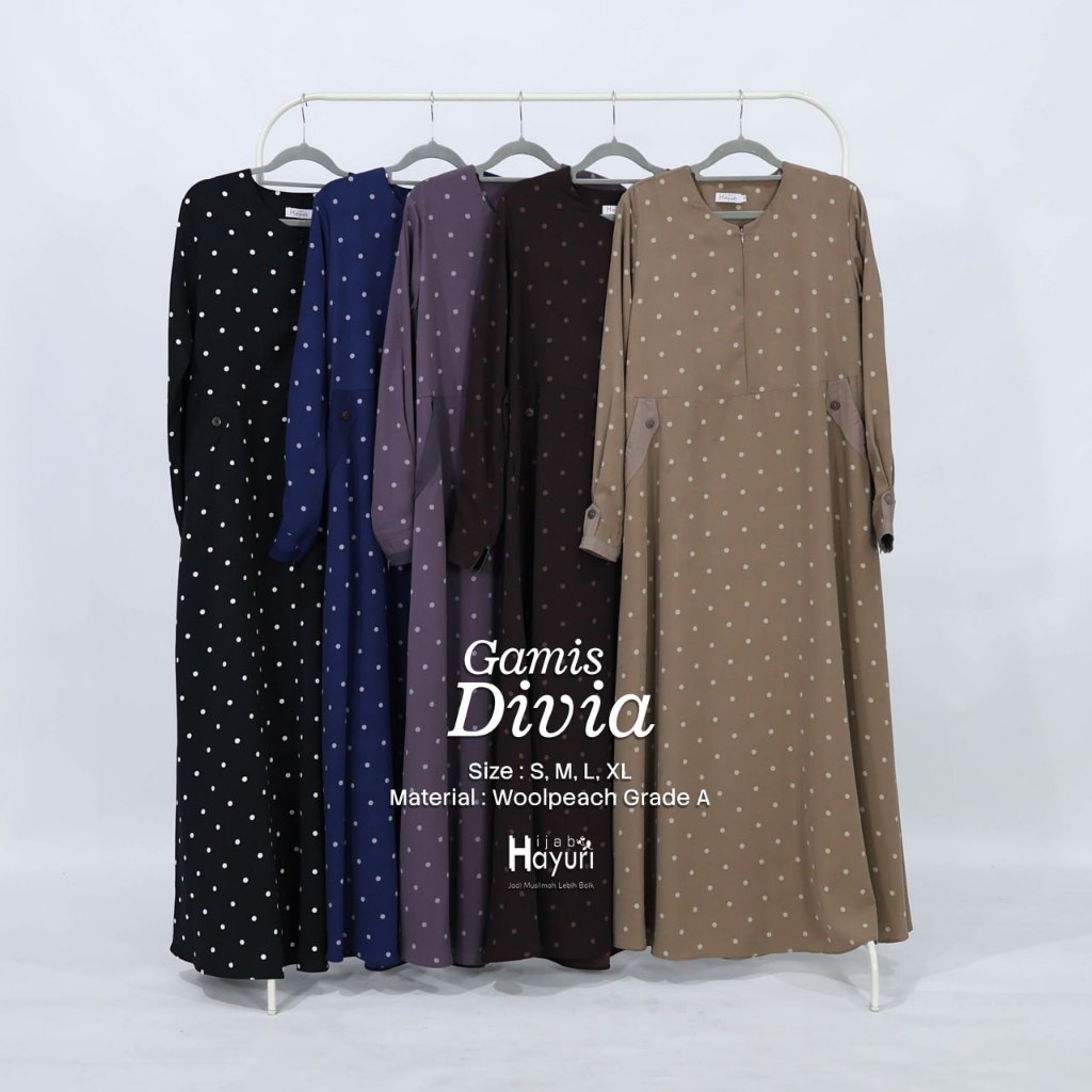 HIJAB HAYURI Gamis Divia Gamis Syar'i Terbaru / Dress Gamis Polkadot / Gamis Syar'i Woolpeach Polkad