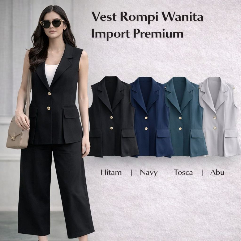 Vest Rompi Wanita Import Premium | Outer Tanpa Lengan Elegan | Bahan Katun Polyester | Model Formal 
