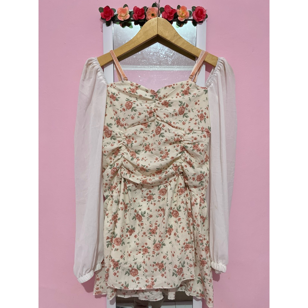 DRESS BUNGA MINI ATASAN PINK SABRINA VICTORY KERUT KOREANSTYLE BKK VINTAGE Y2k
