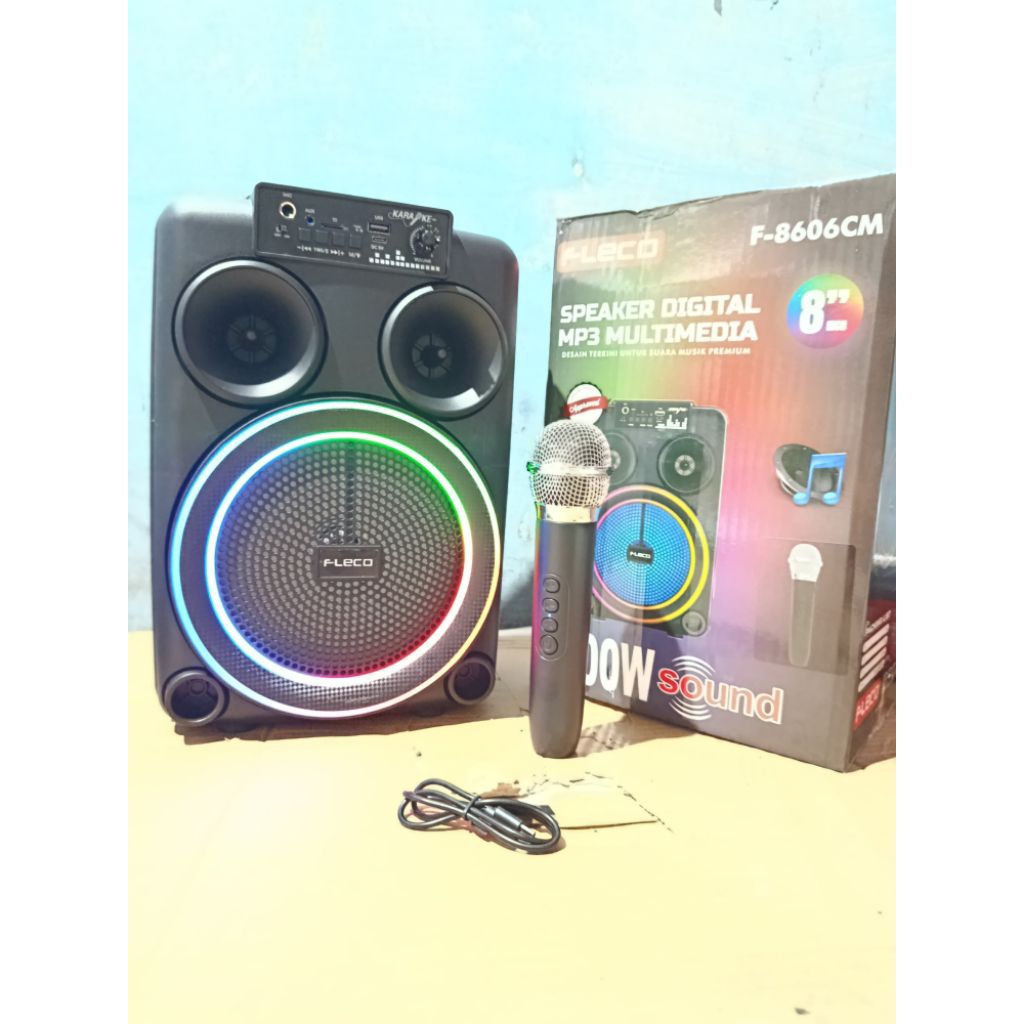 ORI SPEAKER FLECO F-8606CM FREE MICROPHONE WIRELESS CAS SPEAKER SUPER BASS LED RGB 8 INCH SUBWOOFER 