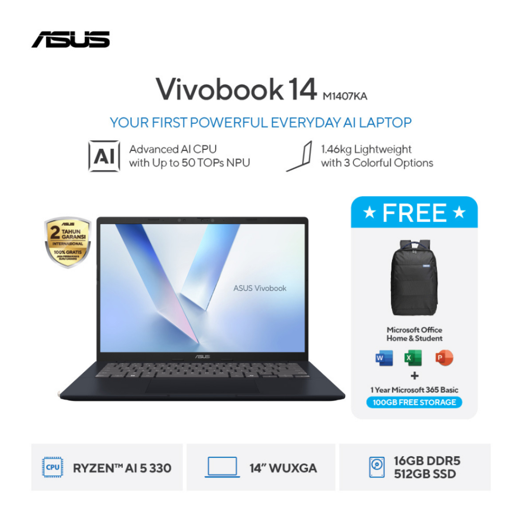 ASUS Vivobook 14 M1407KA-VIPS5151M/5153M -  Ryzen AI 5 330/340 16GB SSD 512GB 14 W11 + OHS