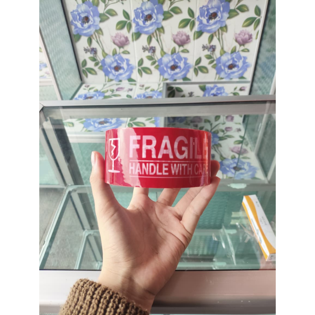 Lakban Fragile Merah Putih 72 Yard / Lakban Fragile 1 Roll / Lakban fragile Merah / Instant