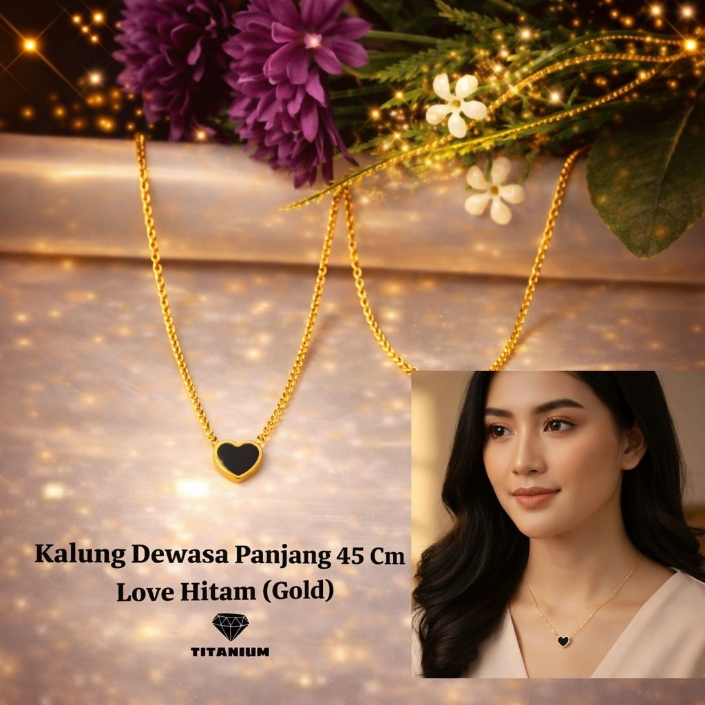 Kalung wanita motif liontin love hitam Lapis emas Titanium anti karat