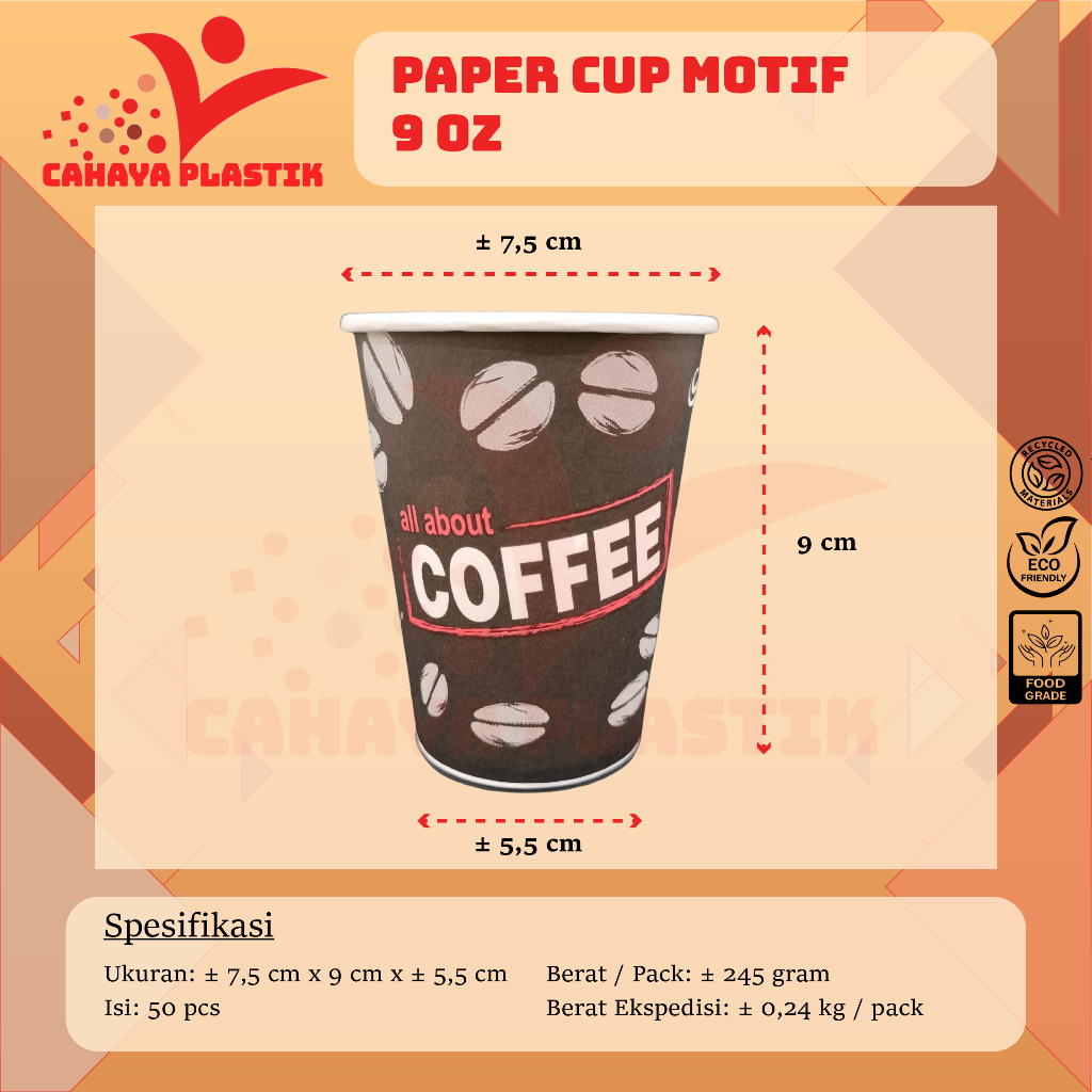 Paper Cup 9oz Motif Isi 50pcs / Gelas Kertas Motif Kopi 9 oz 50pcs
