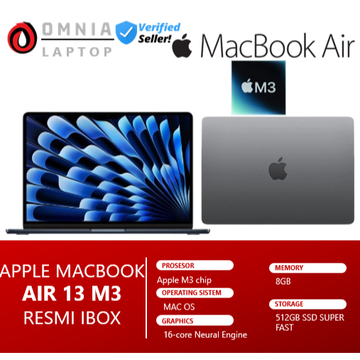 Laptop MACBOOK AIR 13 M3 8GB 512GB MIDNIGHT RESMI