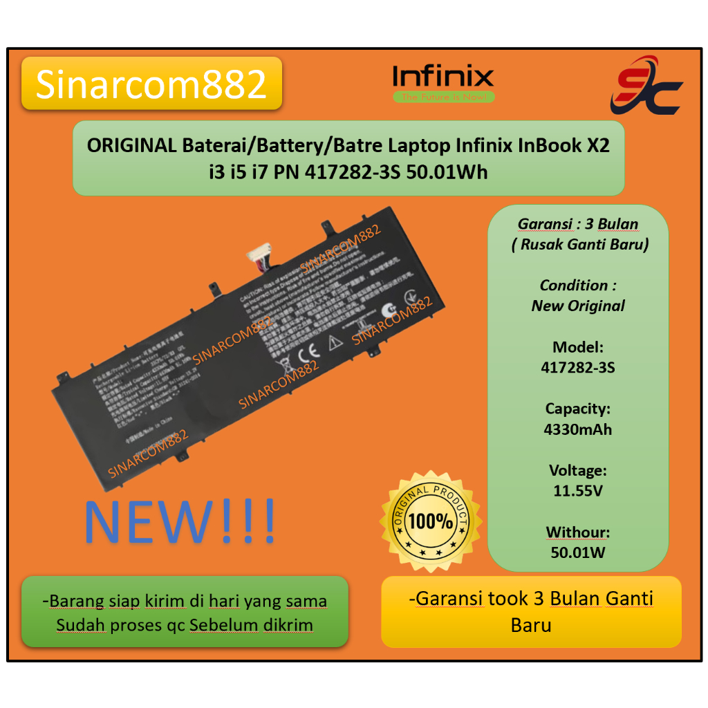 ORIGINAL Baterai/Battery/Batre Laptop Infinix InBook X2 i3 i5 i7 PN 417282-3S 50.01Wh