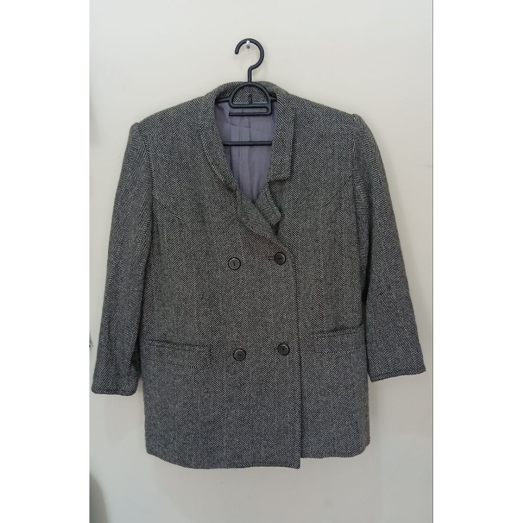 Jas Blazer Vintage Abu-abu Motif Tweed Tebal.