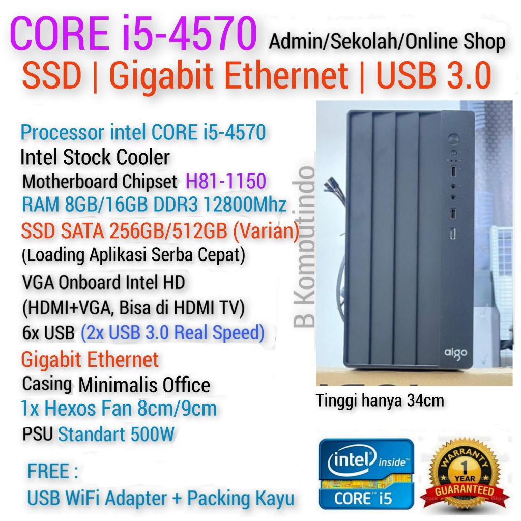 CPU Komputer PC CORE i5 | SSD | FREE Wifi | Kantor - Sekolah - PC Admin