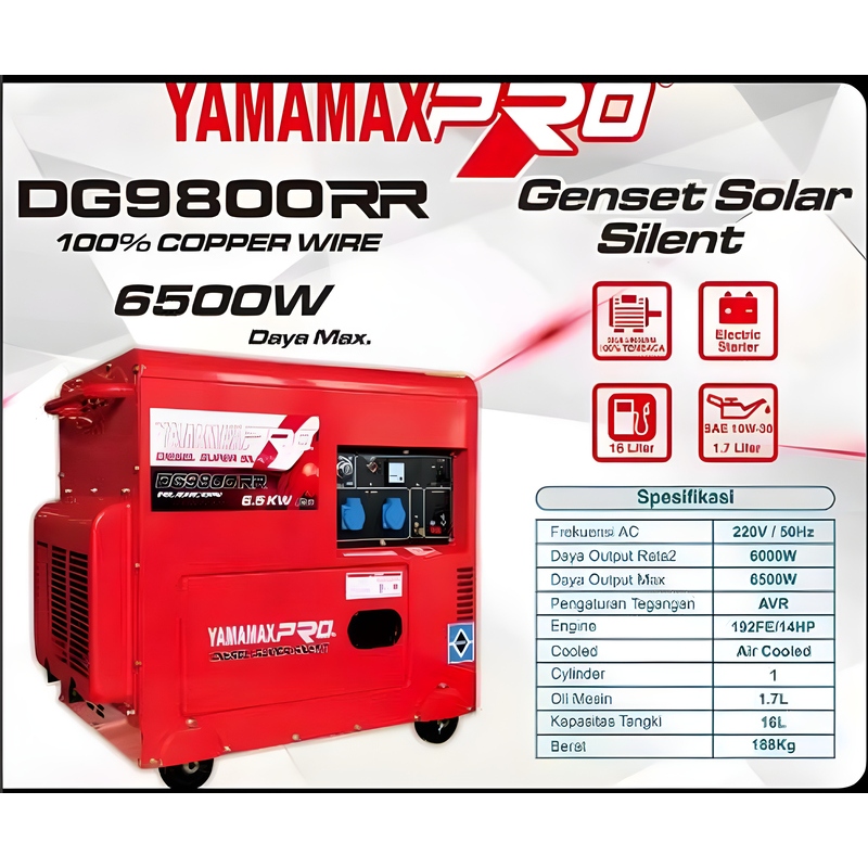 YAMAMAX PRO DG9800RR Mesin Genset Solar Diesel 6500W Silent AVR 16L 1.7L Oli
