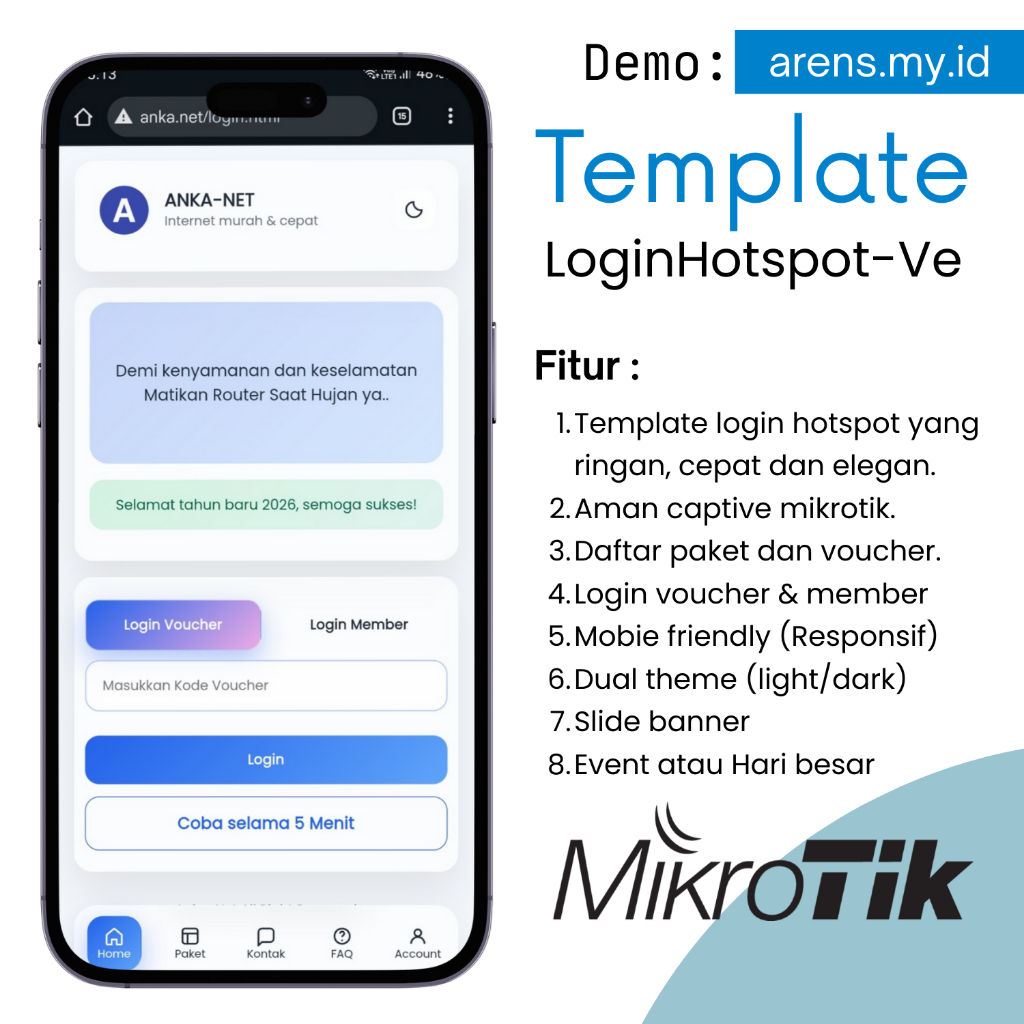 Template Login Mikrotik Voucher Premium Mobile Dark/Light Mode | Website Login Hotspot-Ve