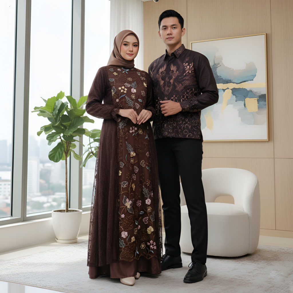 NAYAKA BATIK FURING SERIES - Couple Gamis Modern Aqila Dress Lebaran 2025 Satin Halus Mix Tulle Gard