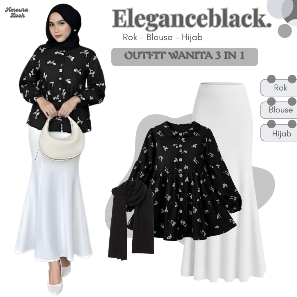 Setelan Wanita 3in1 ( Blouse Katun Motif Bunga + Rok Duyung / Mermaid + Pashmina Ceruty ) One set Ou