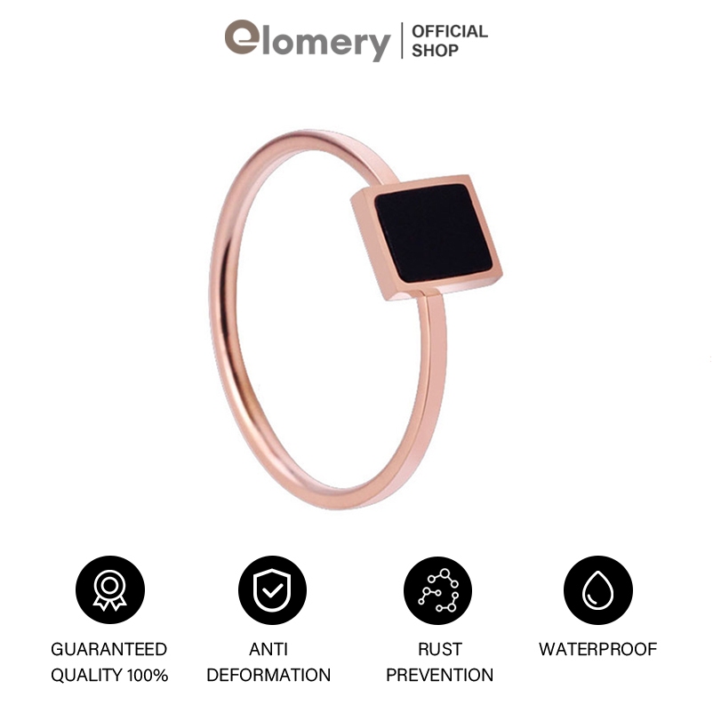 Elomery Cincin Persegi Titanium Geometris Klasik Emas Mawar Dengan Cangkang Hitam Anti Karat Cincin 