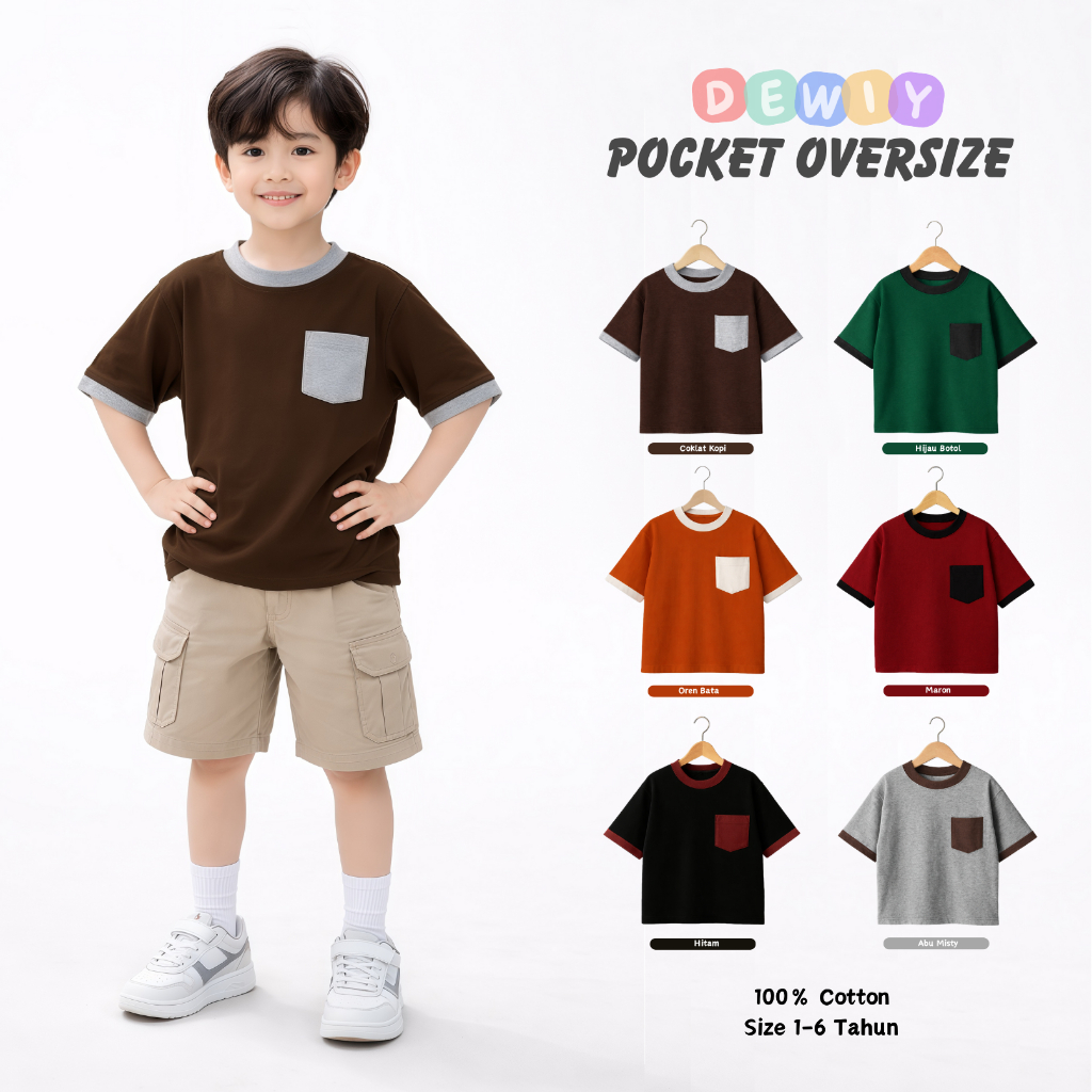 Kaos Pocket Anak Oversize / Kaos Oversize Anak Basic Tee / Kaos Anak Oversize Polos List PS019
