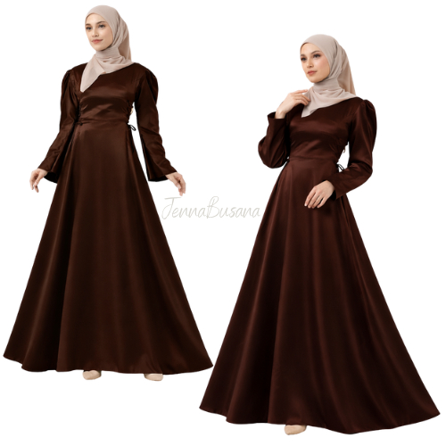Selin Dress Satin Silk Premium Special Coklat Tua Burgundy Wanita Kondangan Wisuda Muslimah Gamis Le