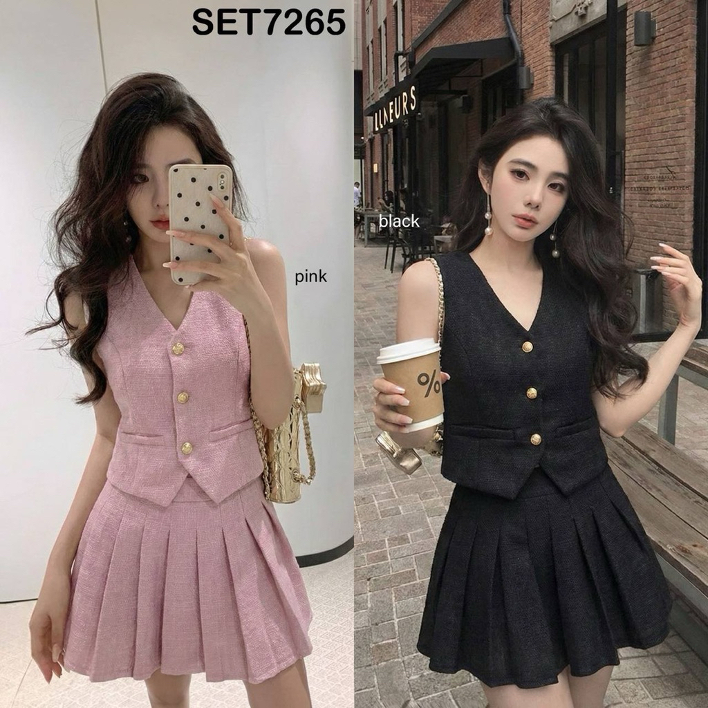 Eonie Tweed Vest w/ Pleated Skort Set / Setelan Vest Rok Tweed Premium SET7265