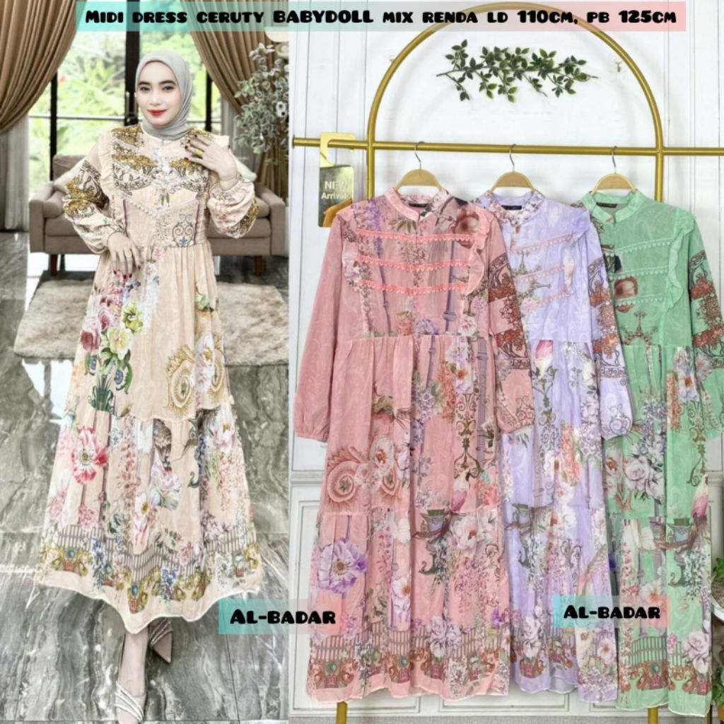 MIDI/DRESS/MOTIF MIDI DRESS CERUTY MOTIF BUNGA MIX KERAH KOREA BUSUI FRIENDLY MIDI DRESS TERBARU