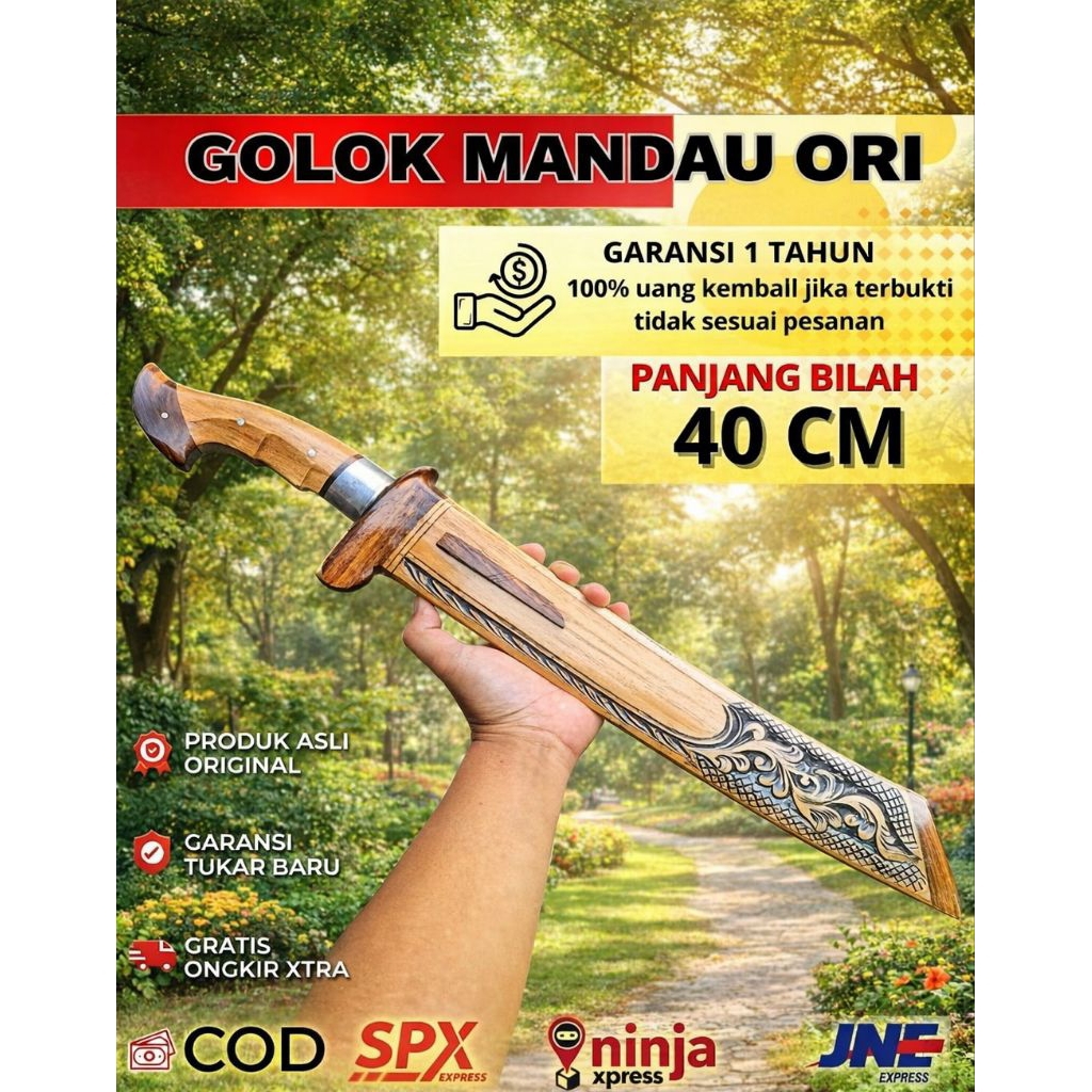 Golok Mandau Baja Asli Full Tang 40cm | Golok Sembelih & Berkebun | Bilah Tebal 4mm | Gagang Kayu Ja