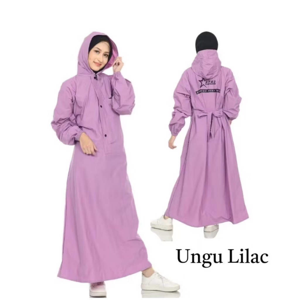 Jas Hujan Gamis Muslimah Dewasa Waterproof – Raincoat Wanita Panjang Hoodie Resleting Depan – Jas Hu