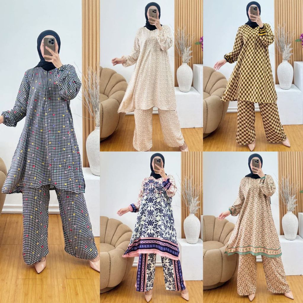 Setelan Long Tunik Rayon Motif Terbaru Busui One Set Tunik Panjang Rayon Kombinasi Crinkle Kekinian 