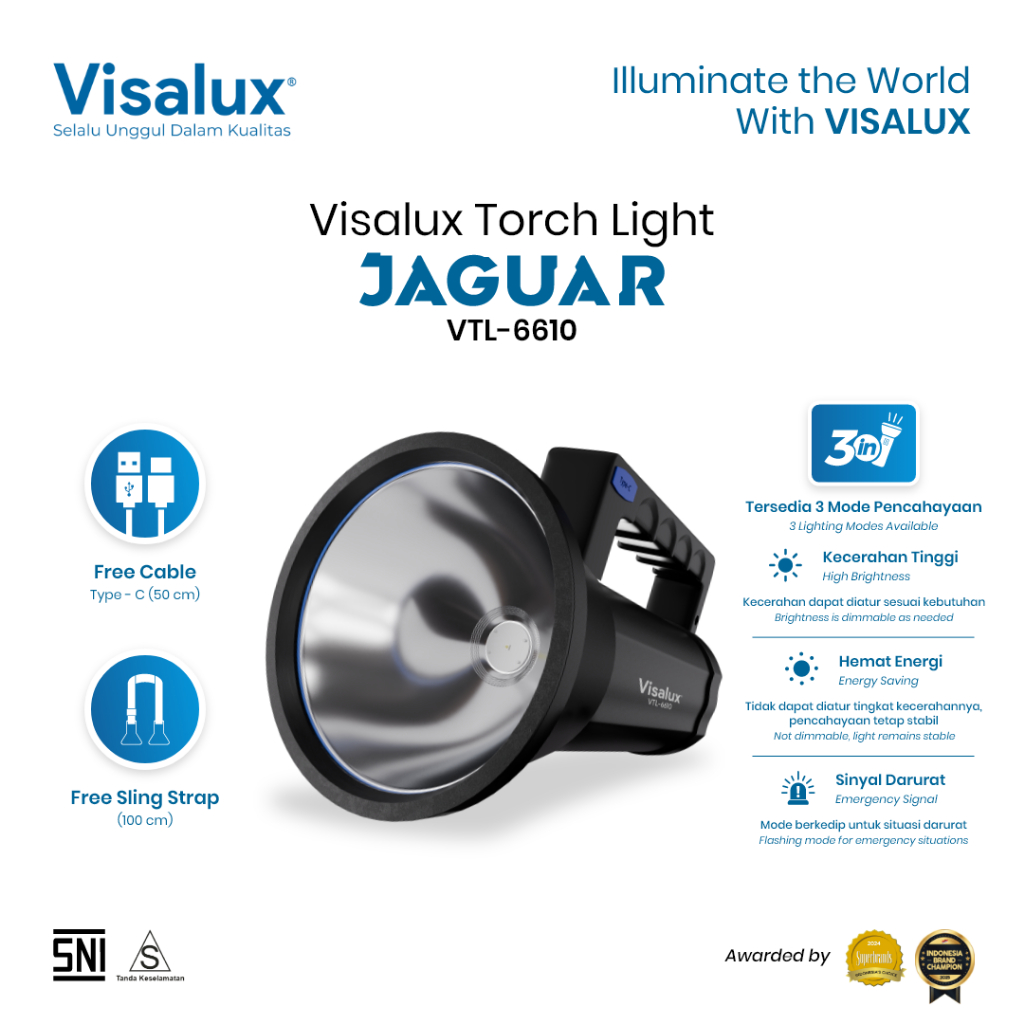Visalux Jaguar Torch Light 10W Rechargeable - Lampu Senter 3 Mode Pencahayaan 6500K (JGR-VTL6610DL)