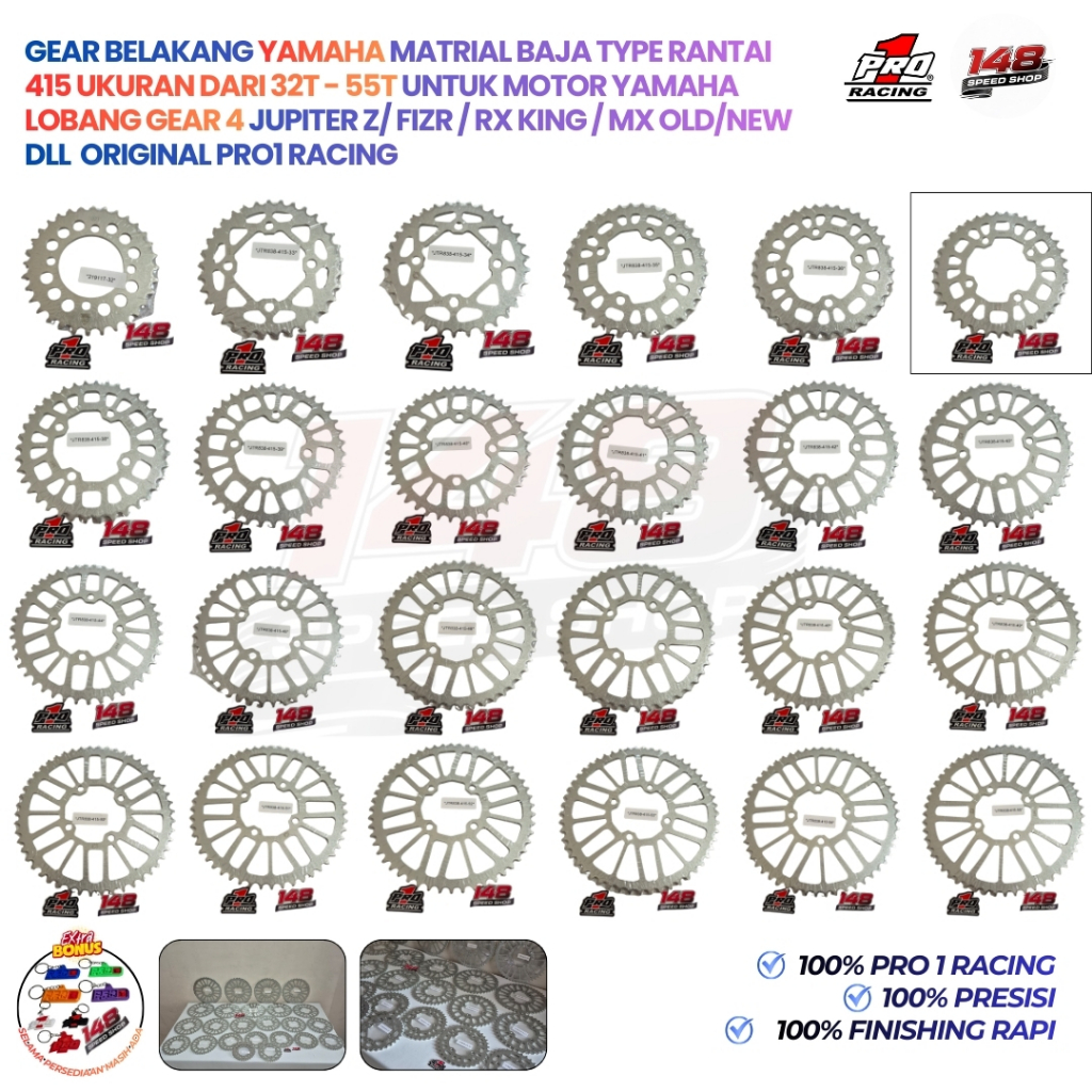 GEAR BELAKANG YAMAHA MATRIAL BAJA TYPE RANTAI 415 UKURAN DARI 32T - 55T UNTUK MOTOR YAMAHA LOBANG GE