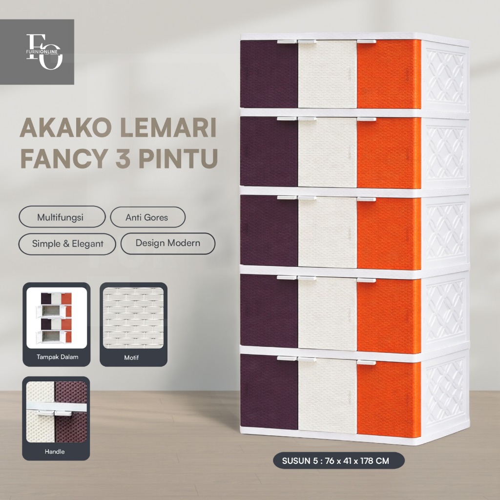 AKAKO - Lemari Pakaian Plastik Akako Fancy Jumbo 3 Pintu Premium Rotan Susun 2, 3, 4 dan 5