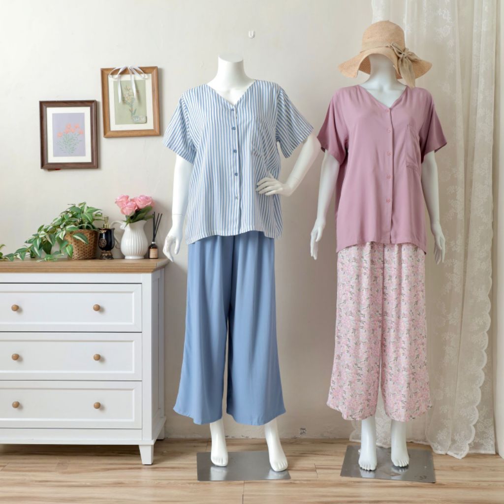 LAURA SET KASUAL ONE SET PIYAMA SETELAN CELANA PANJANG SEMI KULOT SANTAI RUMAHAN RAYON PREMIUM BUSUI