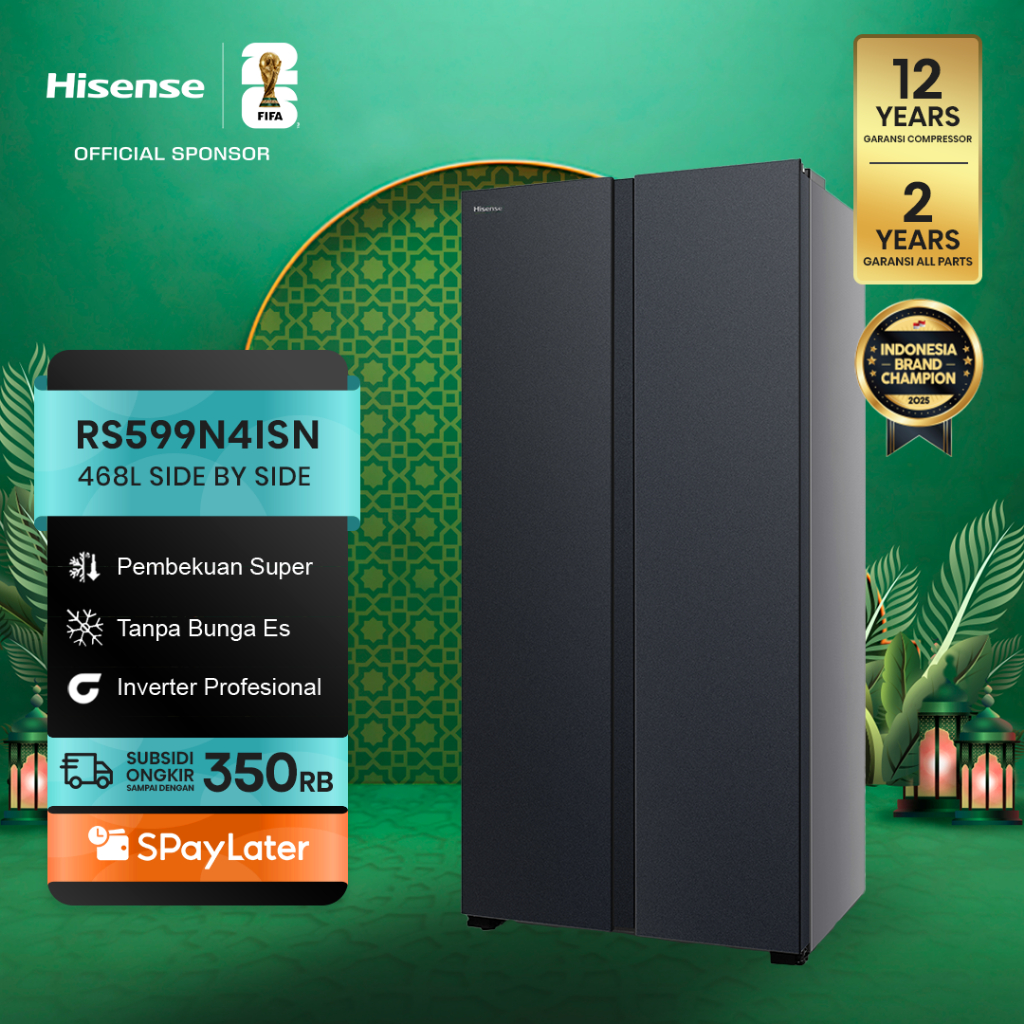 Hisense Kulkas RS599N4ISN Refrigerator Side By Side Kapasitas 468L Warna Abu Inverter Pro Tanpa Bung