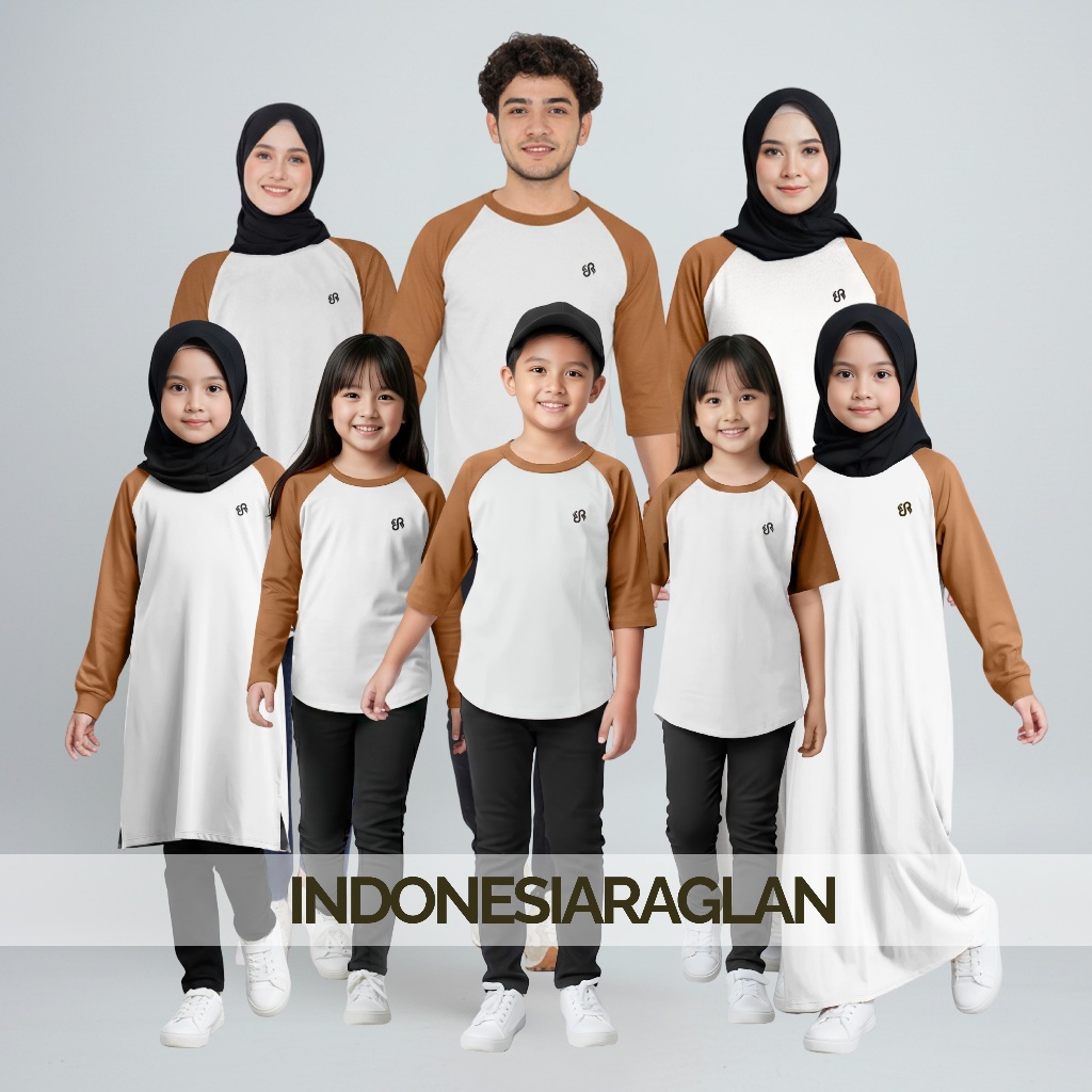 Indonesia Raglan Warna Putih - Camel Kaos Family Set Keluarga, Couple, Satuan Semua Model Oversize