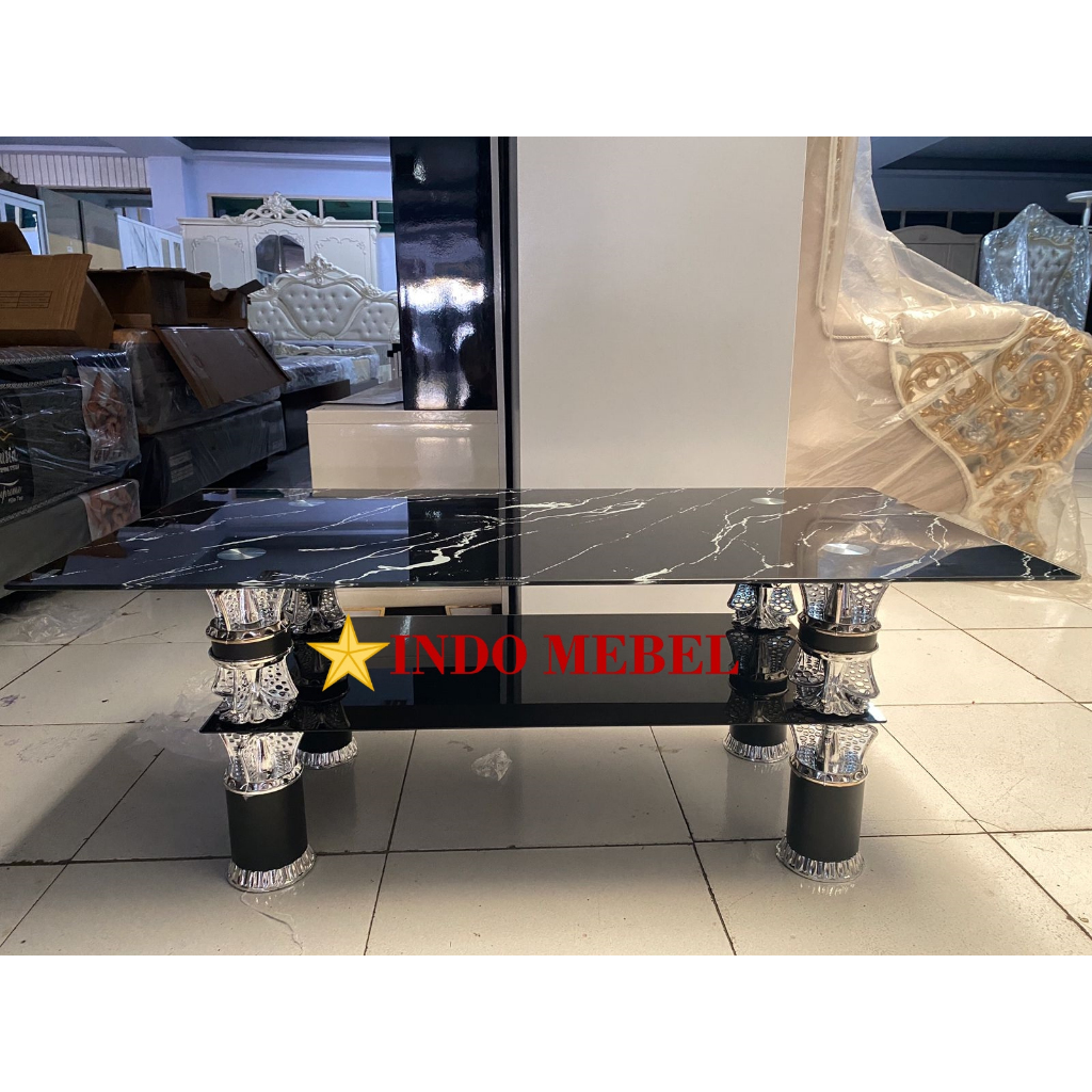 Meja Tamu Naca Minimalis Modern Hitam 2 Tingkat Kaca Tempered Kaki Stainless promo murah ready makas
