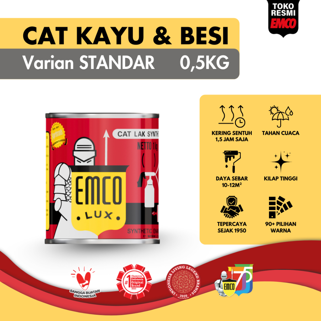 Emco Lux Cat Kayu & Besi 0,5kg - Varian Warna Standar Hitam Putih Coklat Kuning Hijau Biru Merah